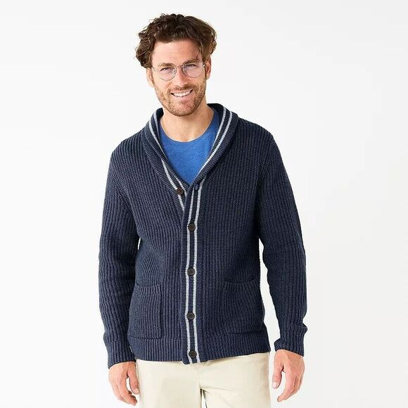 SONOMA Goods For Life Blue Shawl Collar Nautical Grandpa Cardigan SIZE LARGE - Picture 1 of 11